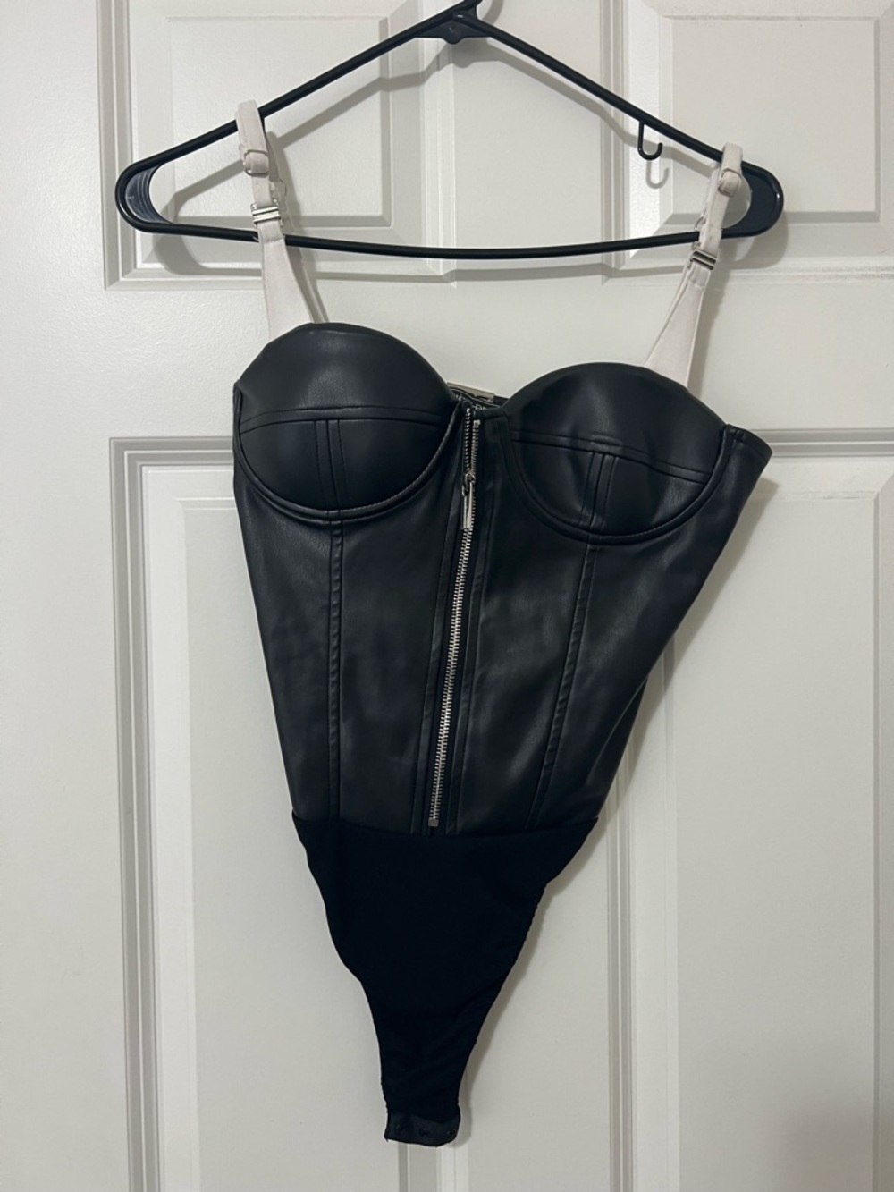 Maniere de voir black  Faux Leather Bustier Bodysuit with Front Zip
